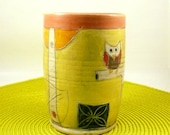 Handmade Ceramic Pencil Holder Tumbler, Teacup,  or Art Sculpture Vase Vessel with Owl Toothbrush Holder T33 IN STOCK