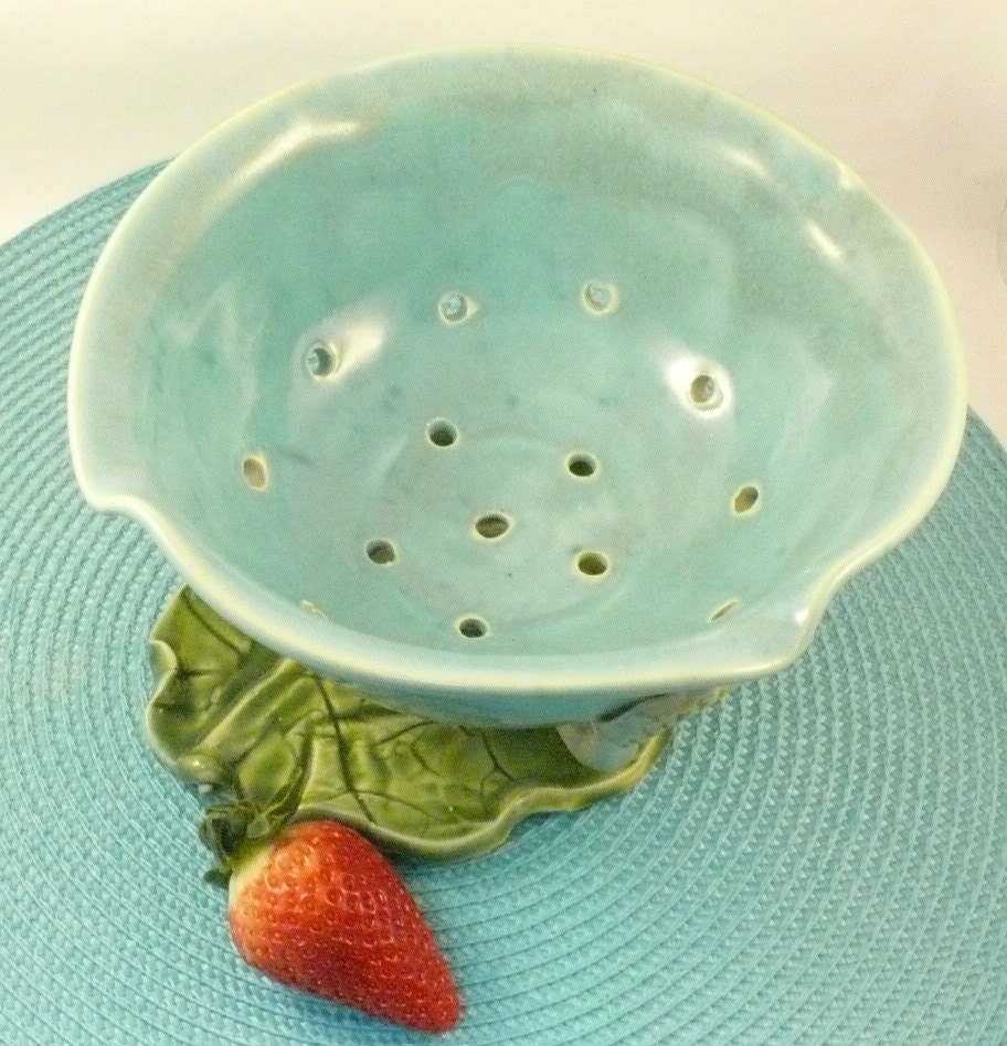 Handmade Blue Ceramic Berry Bowl Colander on Leaf Tray IN STOCK