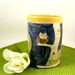 Pottery Tumbler in yellow and blue with owl T31 SHIPS TODAY - Pencil Holder Ceramic Cup or Vase Toothbrush Holder holds 20 ounces / Yunomi