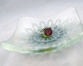 Small Glass Ring Dish Jewelry Holder - White and Blue Flowers