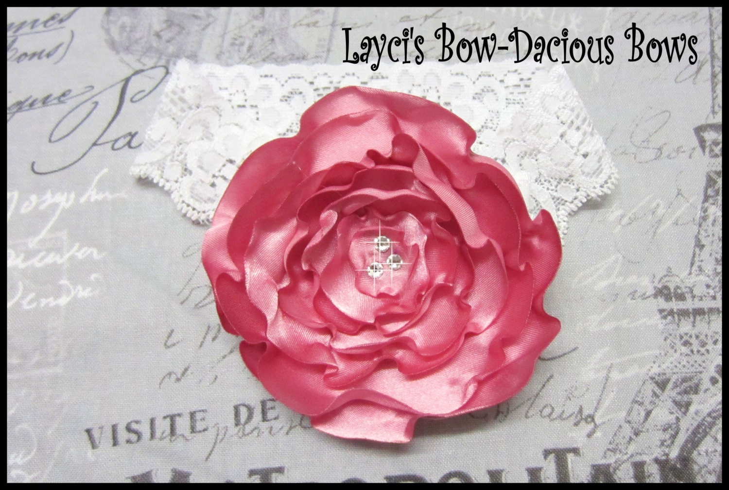 Carnation Satin Flower on White Lace Headband, international shipping, wedding, flower girl, bridal, hair accessory