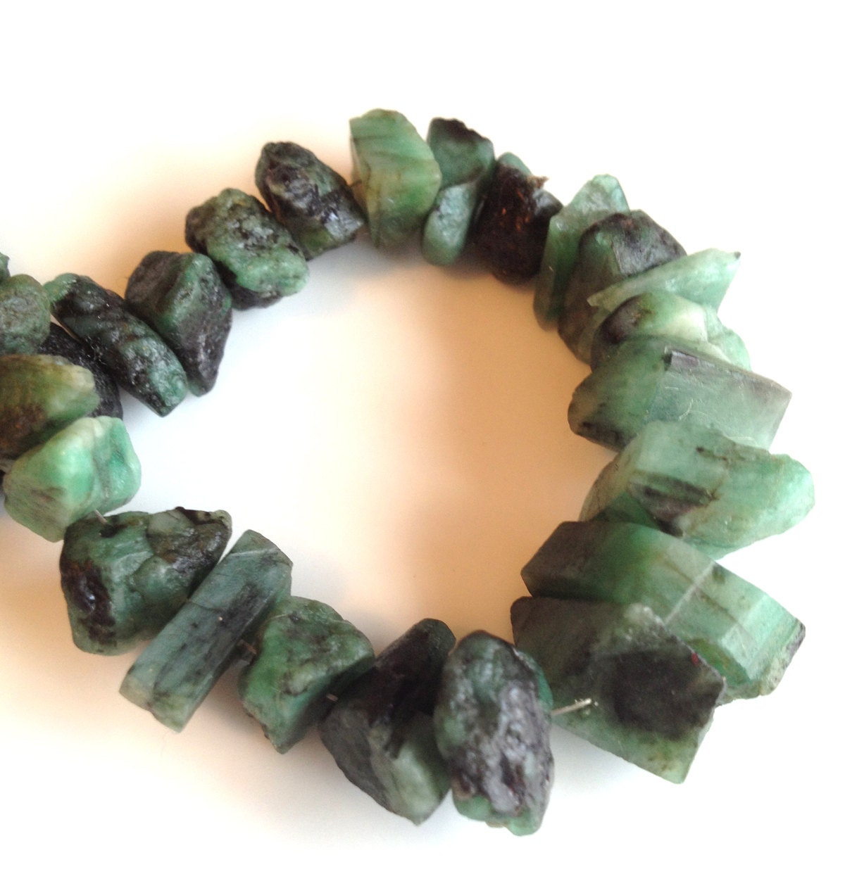 Raw Emerald Nuggets, Natural Emerald beads, rough hammered gemstones, center drilled nugget, 8 inches, 8 to 18mm