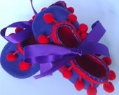 Purple Felt Baby Booties, Red Soft Soled Baby Shoes, with Pom Pom Trim and Ribbon Ties Small