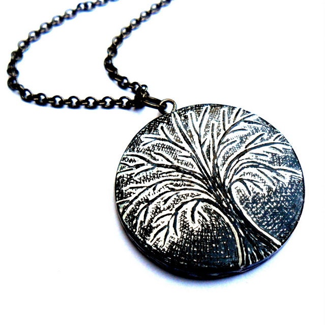 20% OFF SALE - Black and White Tree of Life Necklace - Winter Hibernation