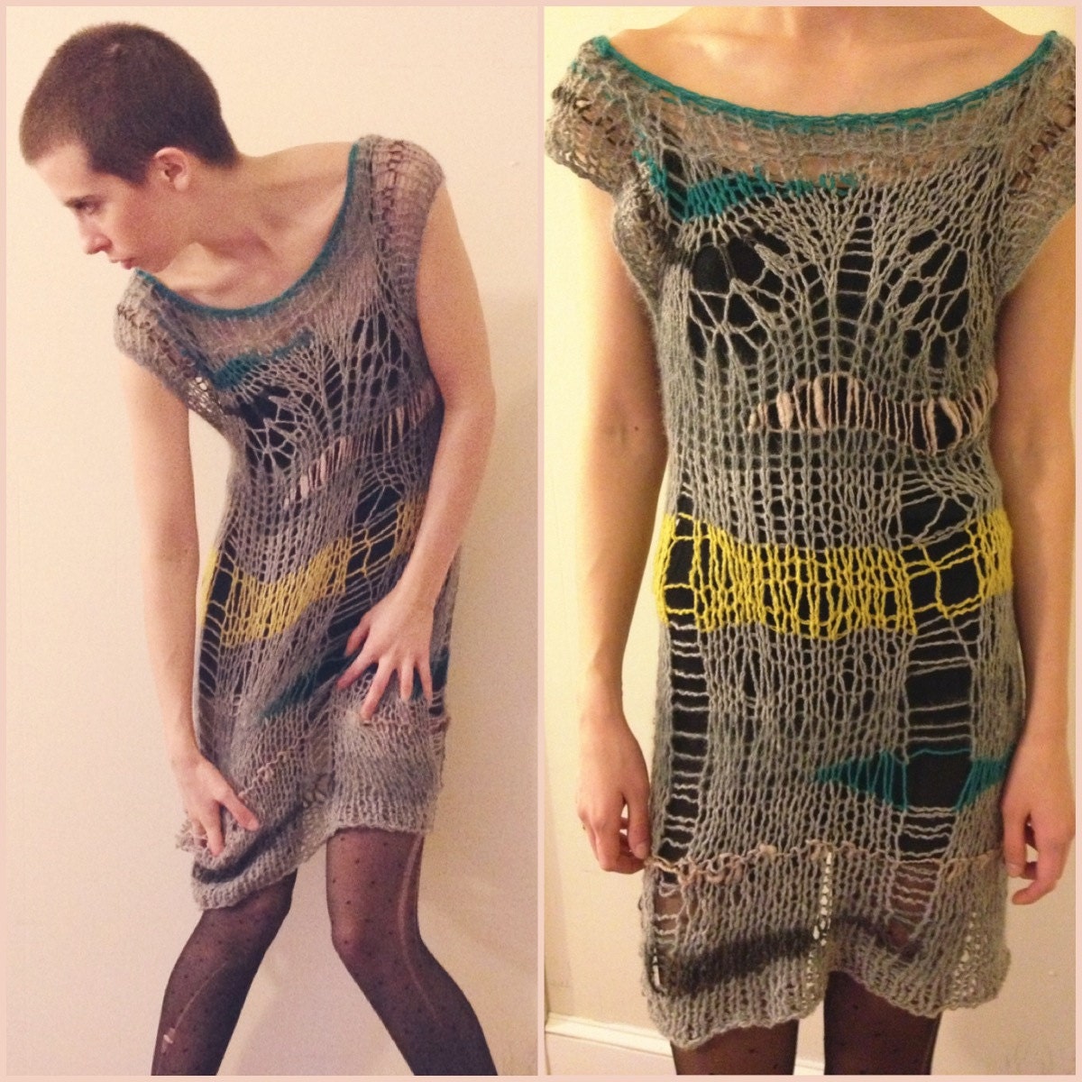 Handknit distressed lace dress - grey multi - one of a kind