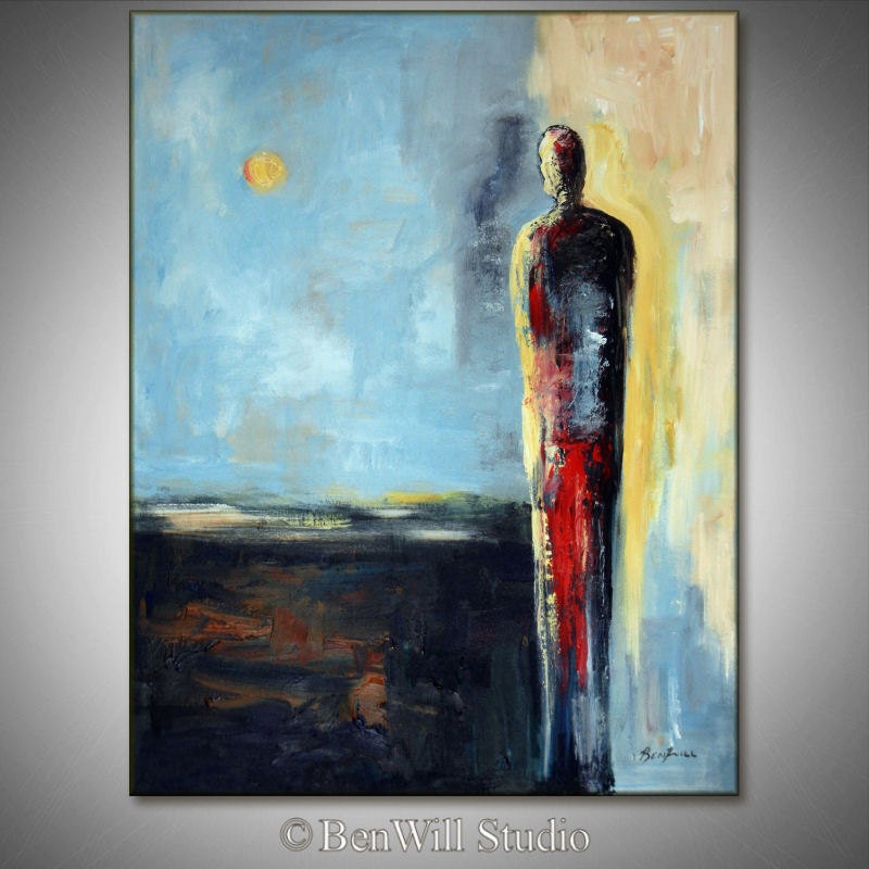 ORIGINAL MODERN Art Abstract Painting Blue Brown Wall Art Figurative Painting 36x28 - REFLECTION - Original Abstract Artwork by BenWill