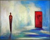 Original Abstract EXPRESSIONISM Art Contemporary Painting Blue Gray - RED DOOR -  Modern Art on Canvas 36x28 by BenWill