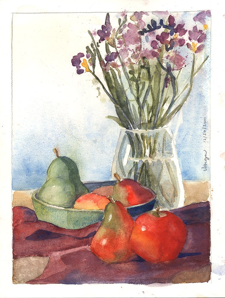 Original Watercolor Painting, Pear, Apple, and Bouquet Still Life, Free Mat, Ready to Frame 9 x 12