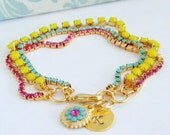 Hand Stamped Initial Swarovski Turquoise Pink Fuchsia Neon Yellow Charm Bracelet