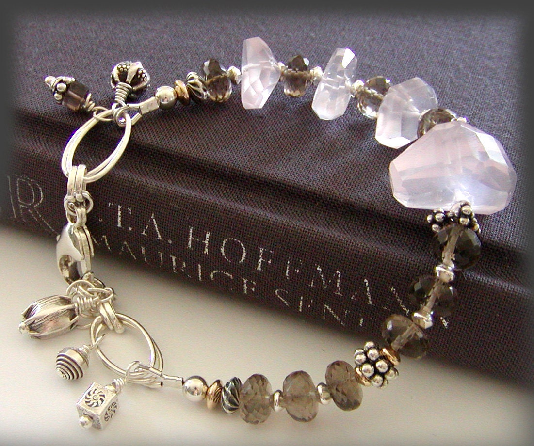 Smokey Quartz Bracelet with Rose Quartz , Sterling Silver, 14kt Gold Fill