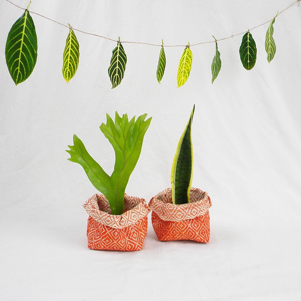 Small tree bark fabric bowls, geometric orange, set of two