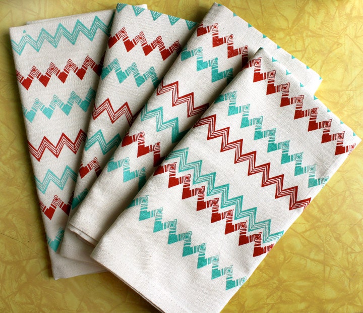 Screen Printed Napkins-Chevron in Red and Turquoise- set of 4
