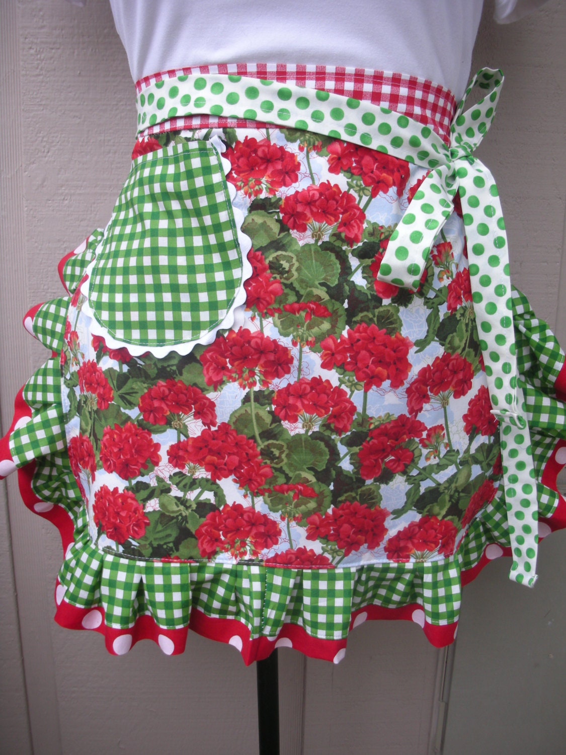 Aprons - Red Geranium Half Apron - Womens Flower Aprons