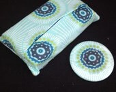 Matching tissue cozy and pocket mirror blue and green