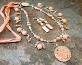 Coral Necklace Set with Ceramic Pendant, Jade, Glass and Sari Silk Ribbon. Blush, TPMB