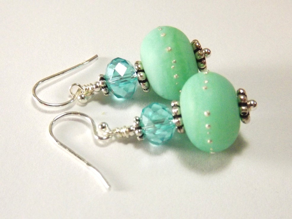 Sea Foam beaded earrings, lampwork and crystal earrings on sterling silver
