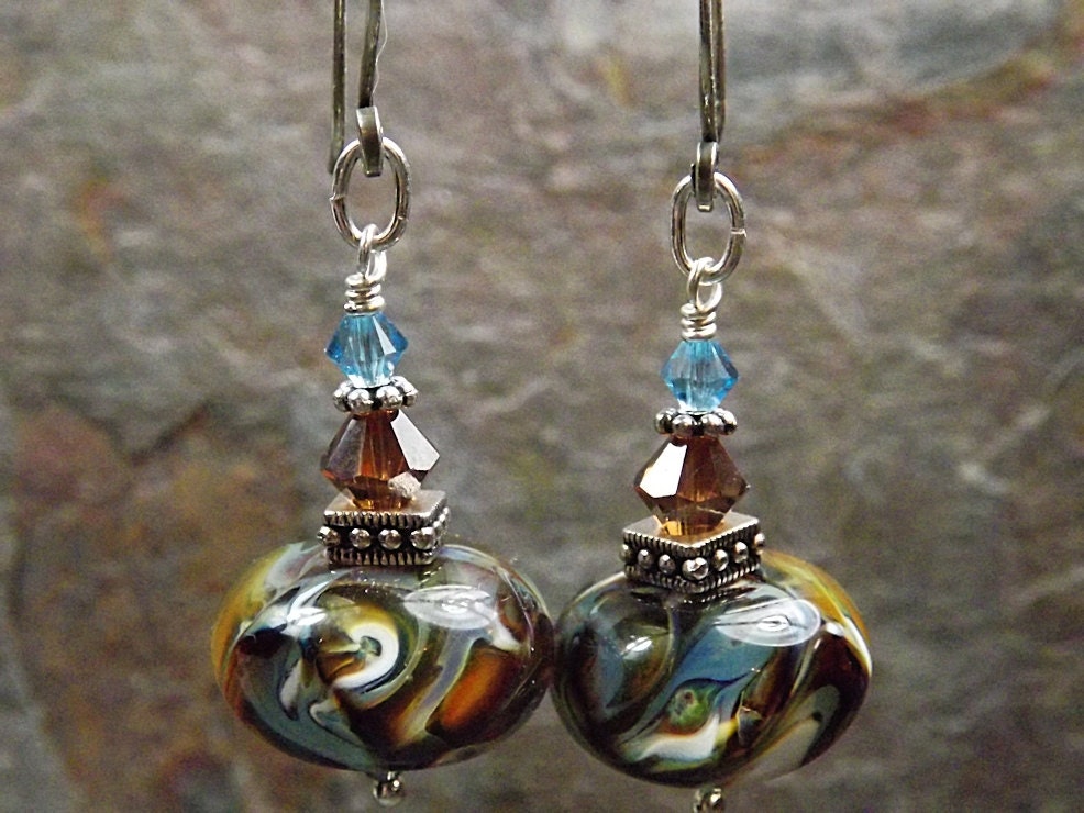 Lampwork beaded earrings, brown, blue, white with Swarovski crystal and sterling silver, Earth Day