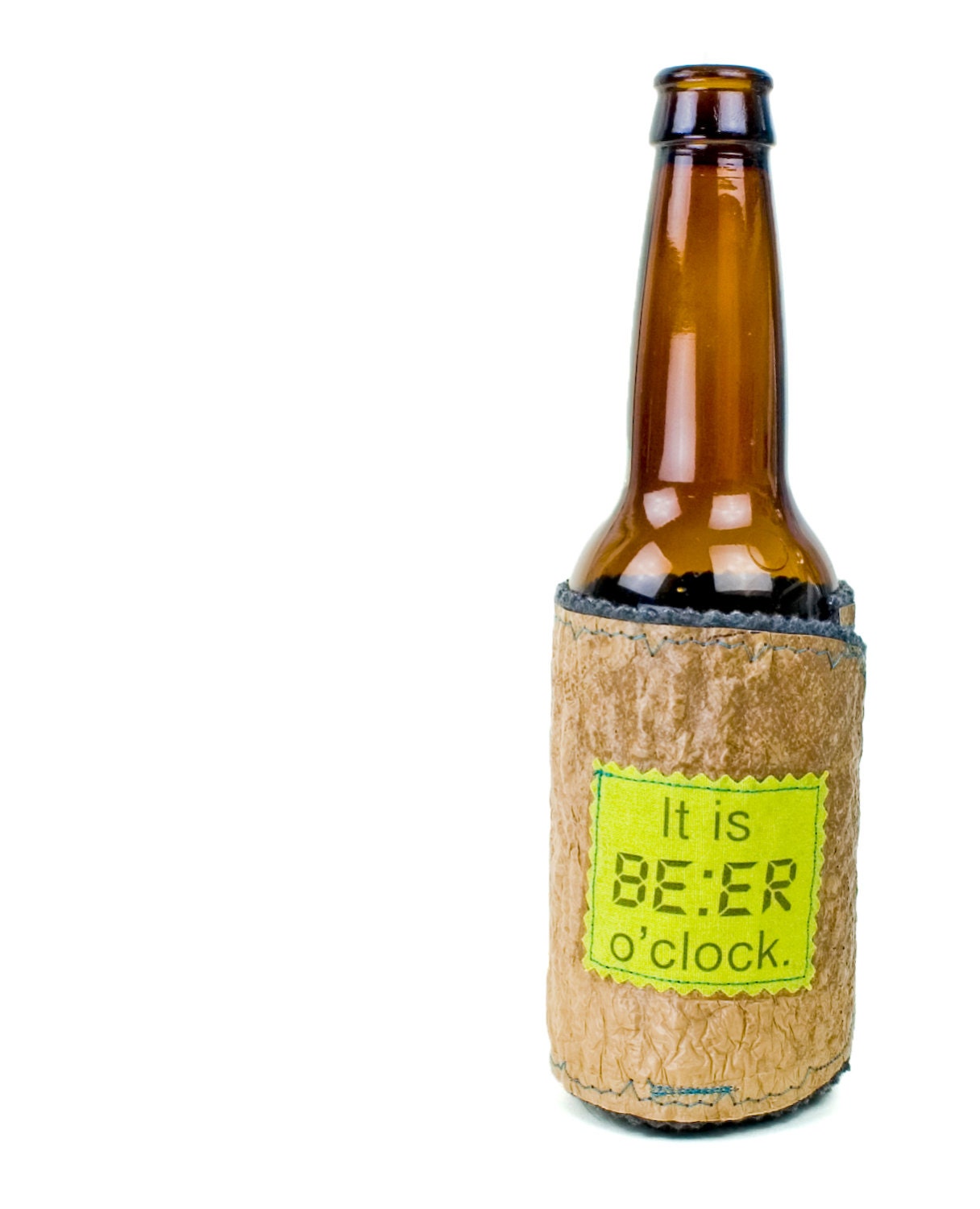 It is BEER o'clock Bottle Coozy made from Recycled Plastic Bags