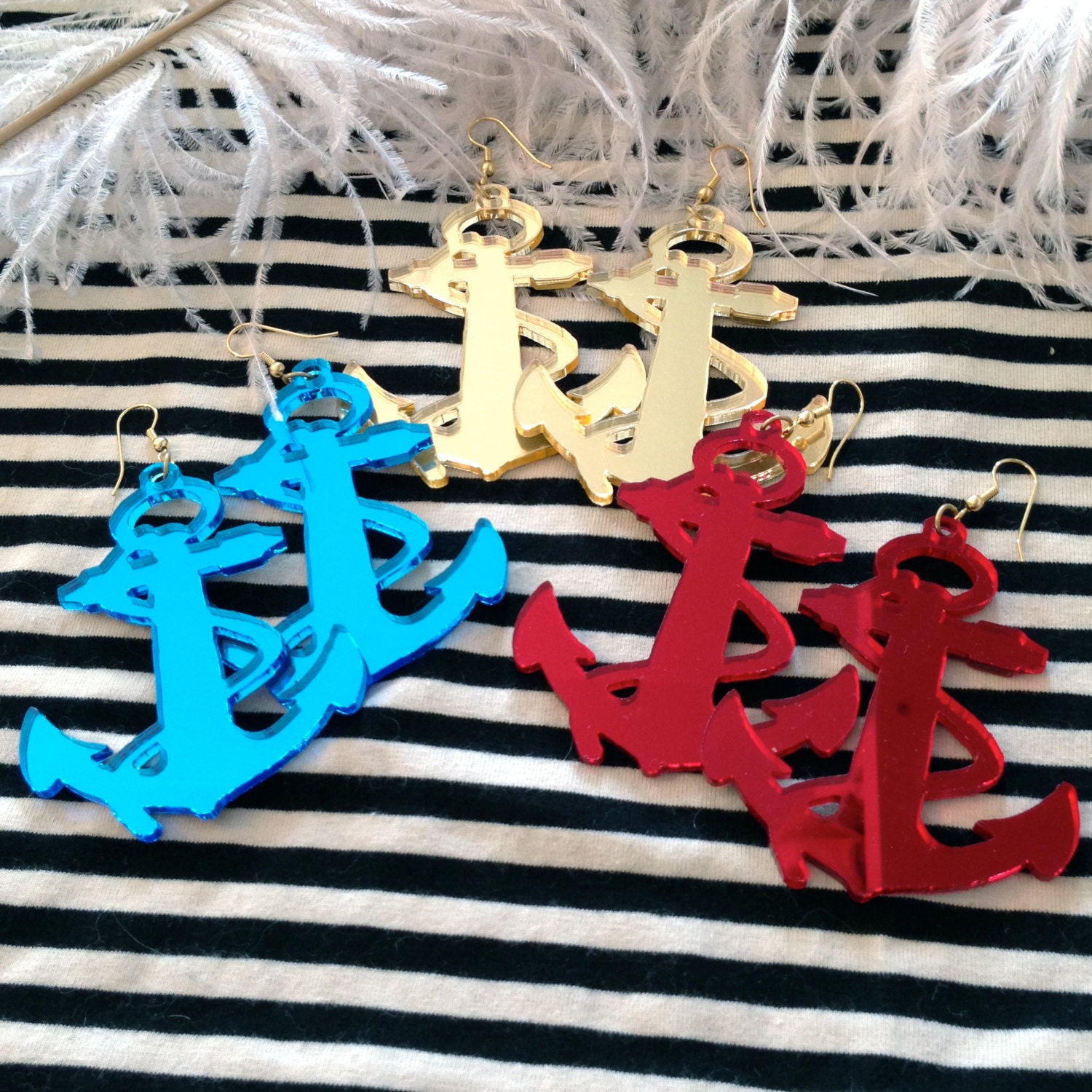 Blue, Red or Gold Acrylic Anchor Earrings