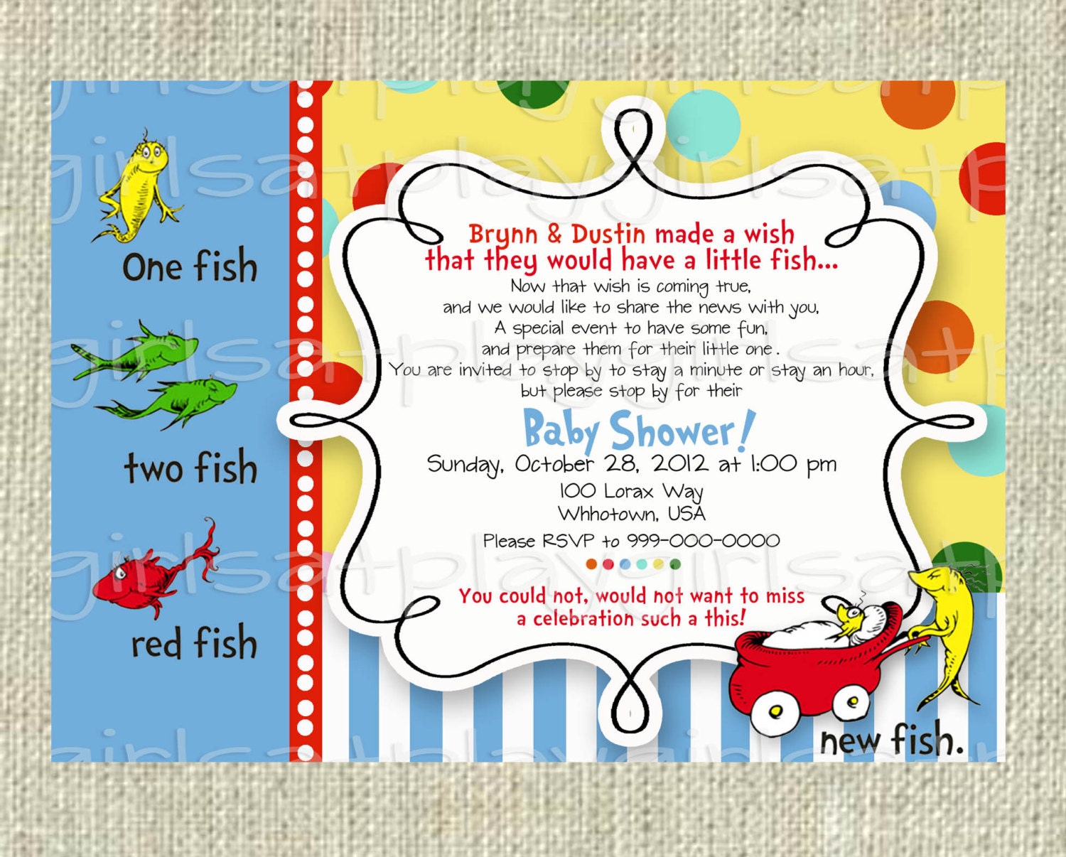 Dr Seuss Baby Shower Invitation One Fish Two Fish Boy or Girl Printable - by girlsatplay ORIGINAL girls at play Il_170x135