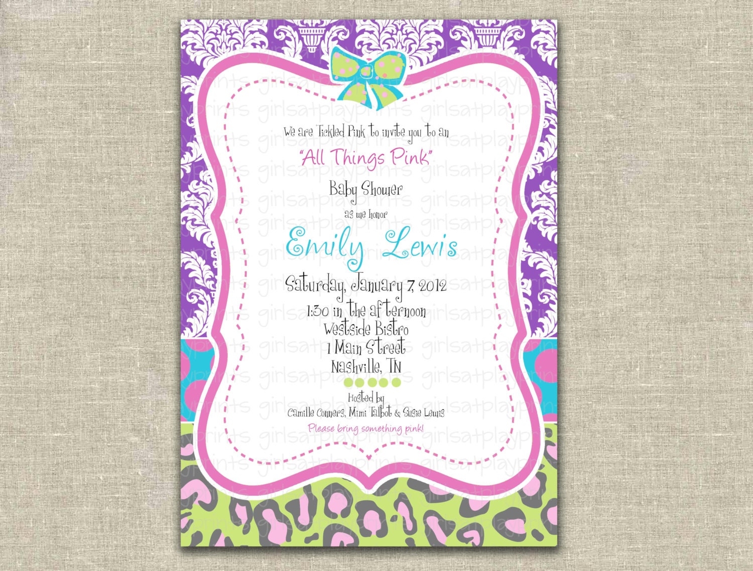 Baby Shower Invitation Girl Sprinkle Bow Purple Damask Leopard Print Funky CHIC - Print By You - by girlsatplay girls at play Il_170x135