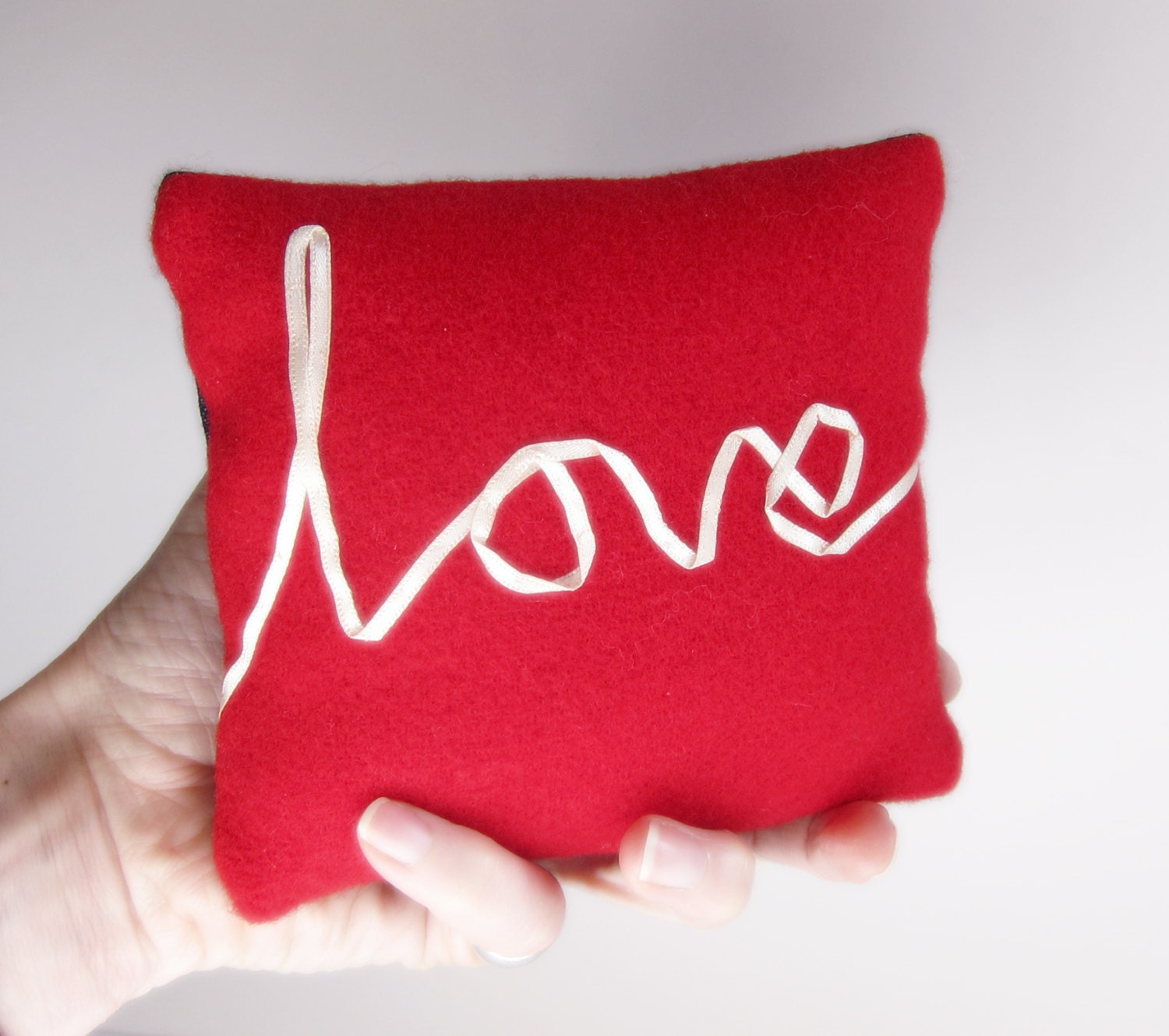 Mini pillow little embroidered love word cushion cream ribbon lettering typography red wool flannel memake handmade home decor