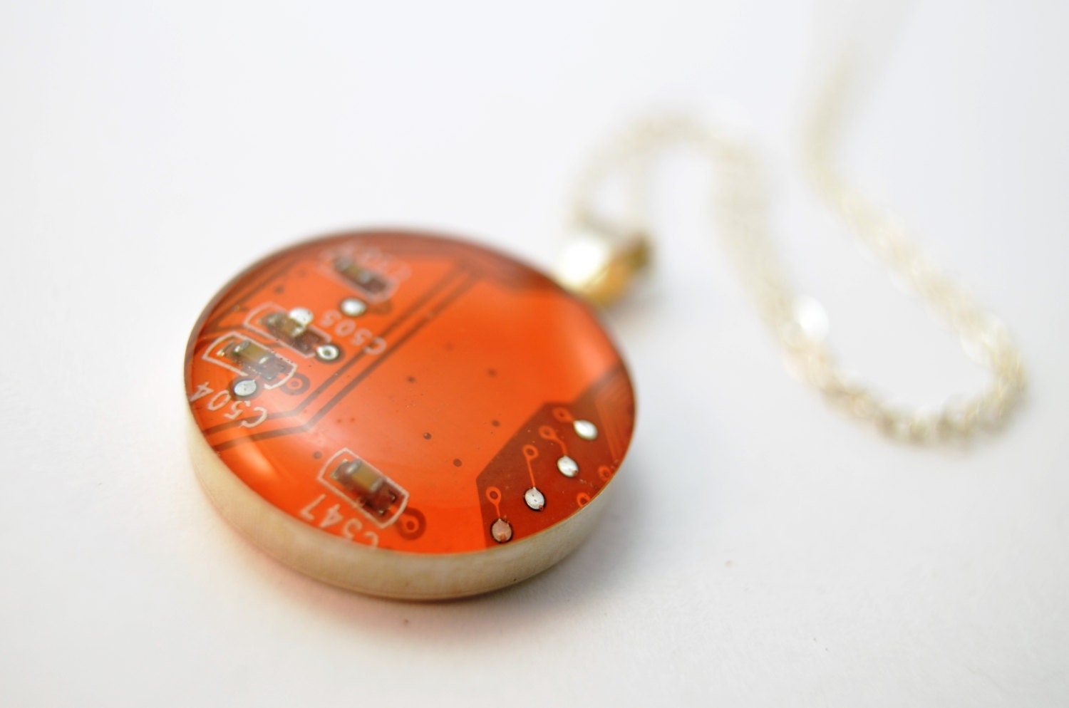 Circuit Board Necklace Sterling Silver Tangerine Orange Mothers Day Gift