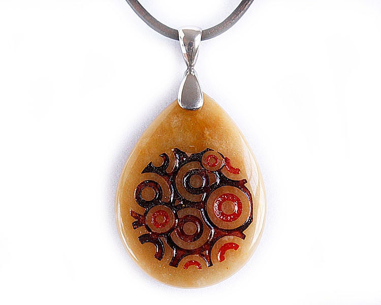 Retro 1970's Wallpaper Inspired Bubble Necklace - Engraved Stone Pendant - Yellow Jasper