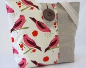 Red Bird and Linen Big Wooden Button Tote Bag