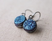 blue druzy earrings, quartz rough raw round, oxidized sterling silver, boho Night Sky