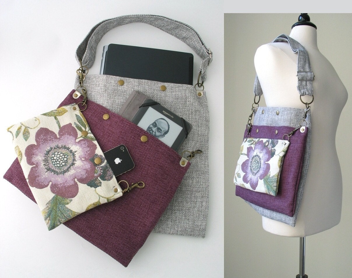 PURPLE floral messenger, tote, laptop bag, handbag, purse