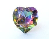Pastel Rainbow Heart Ring - Giant Swarovski Crystal Gold Wire Wrapped Cocktail Ring