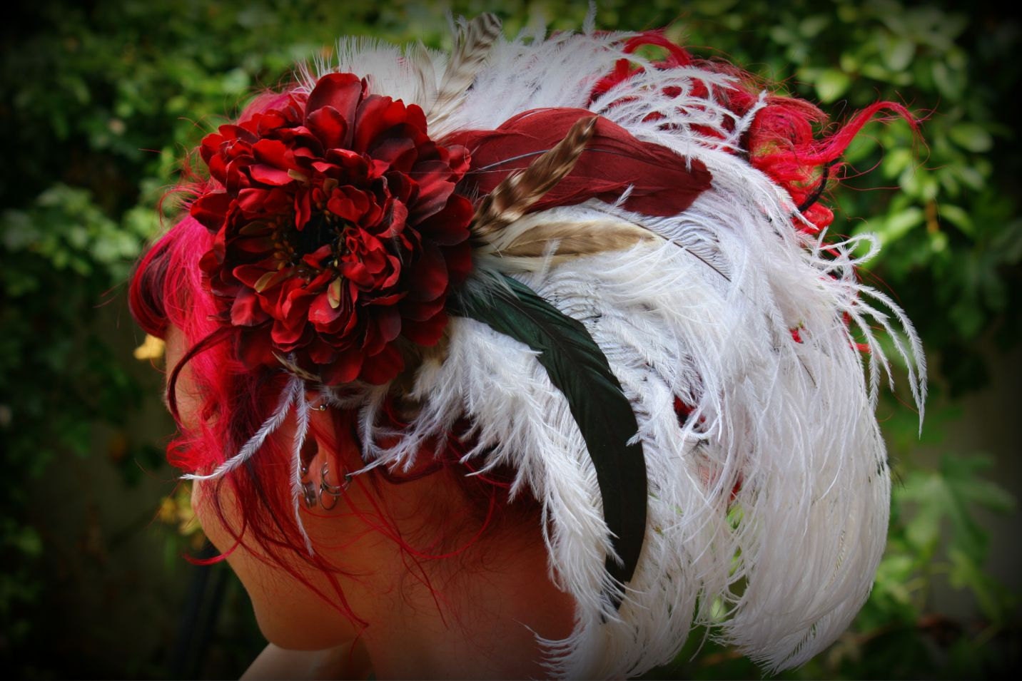 Vibrant Red on Cream Feather Hair Clip