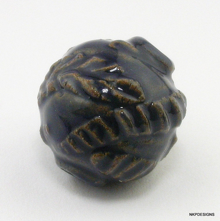 Midnight Blue Stoneware Ribbon and Leaf Sprig Big Hole Ceramic Bead with Endcaps
