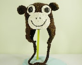 Crochet Monkey Hat for Kids and Adults - Adorable Animal Hat with Ears in Rich Chocolate Brown with Cream Face and Braids