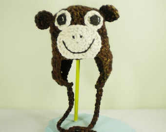 Crochet Monkey Hat for Kids and Adults - Adorable Animal Hat with Ears in Rich Chocolate Brown with Cream Face and Braids