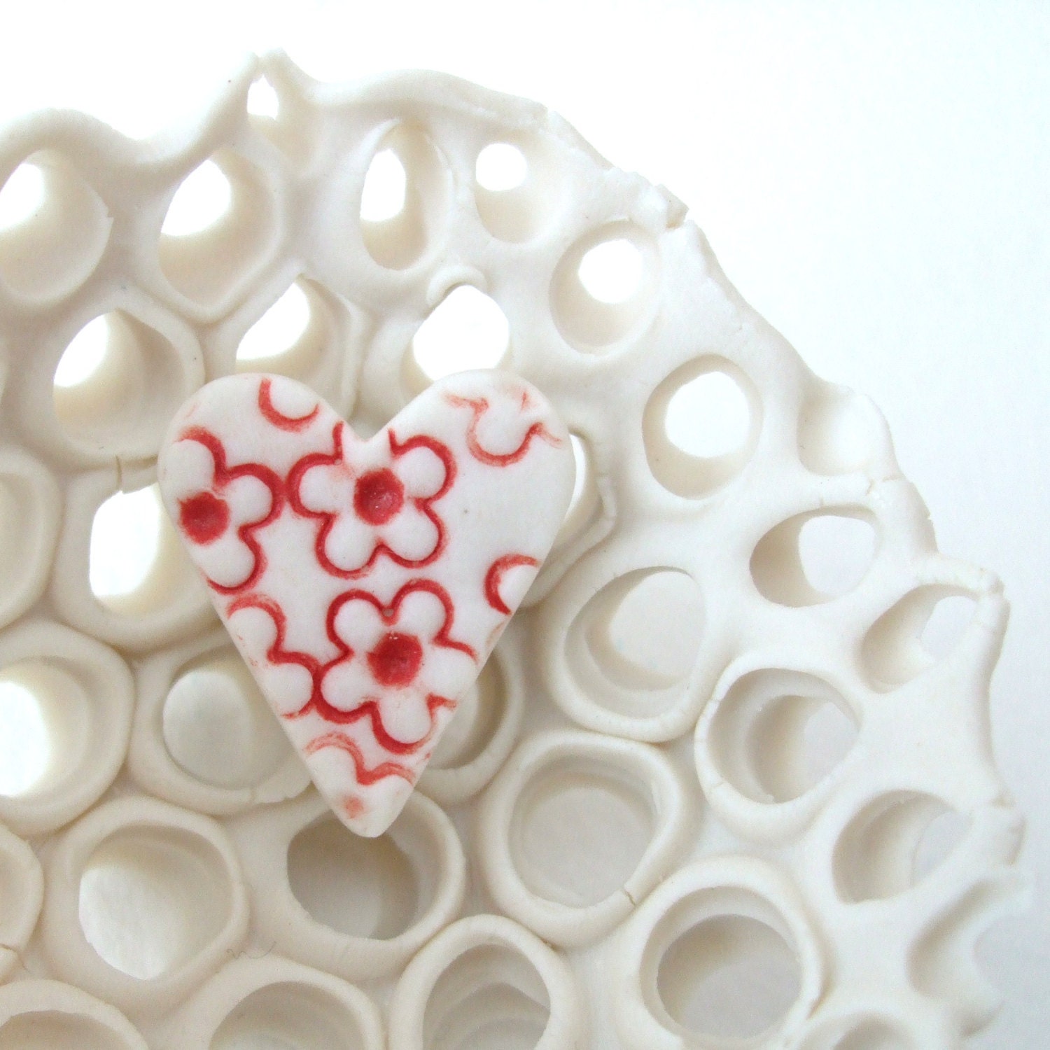Porcelain Tile Pin - Matt Red and White - Blossom Heart - Valentine - by seaurchin