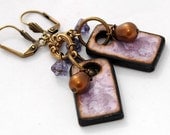 Purple Flower Earrings - Lavender Wood Tiles, Fresh Water Pearls, Brass