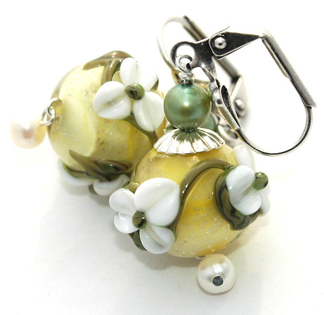 Yellow Flower Earrings, Lampwork Flowers, Blossoms Charms, Freshwater Pearls