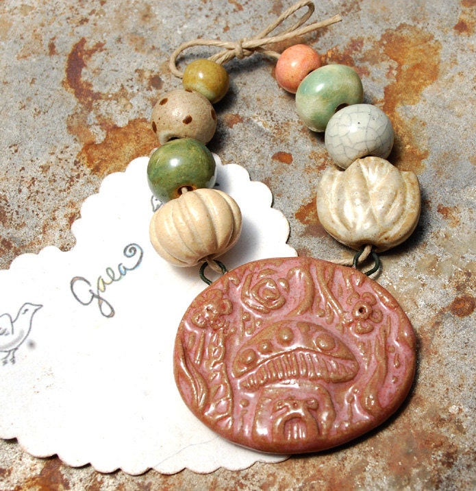 Fairy House / Ceramic Mushroom House Pendant and Bead Set