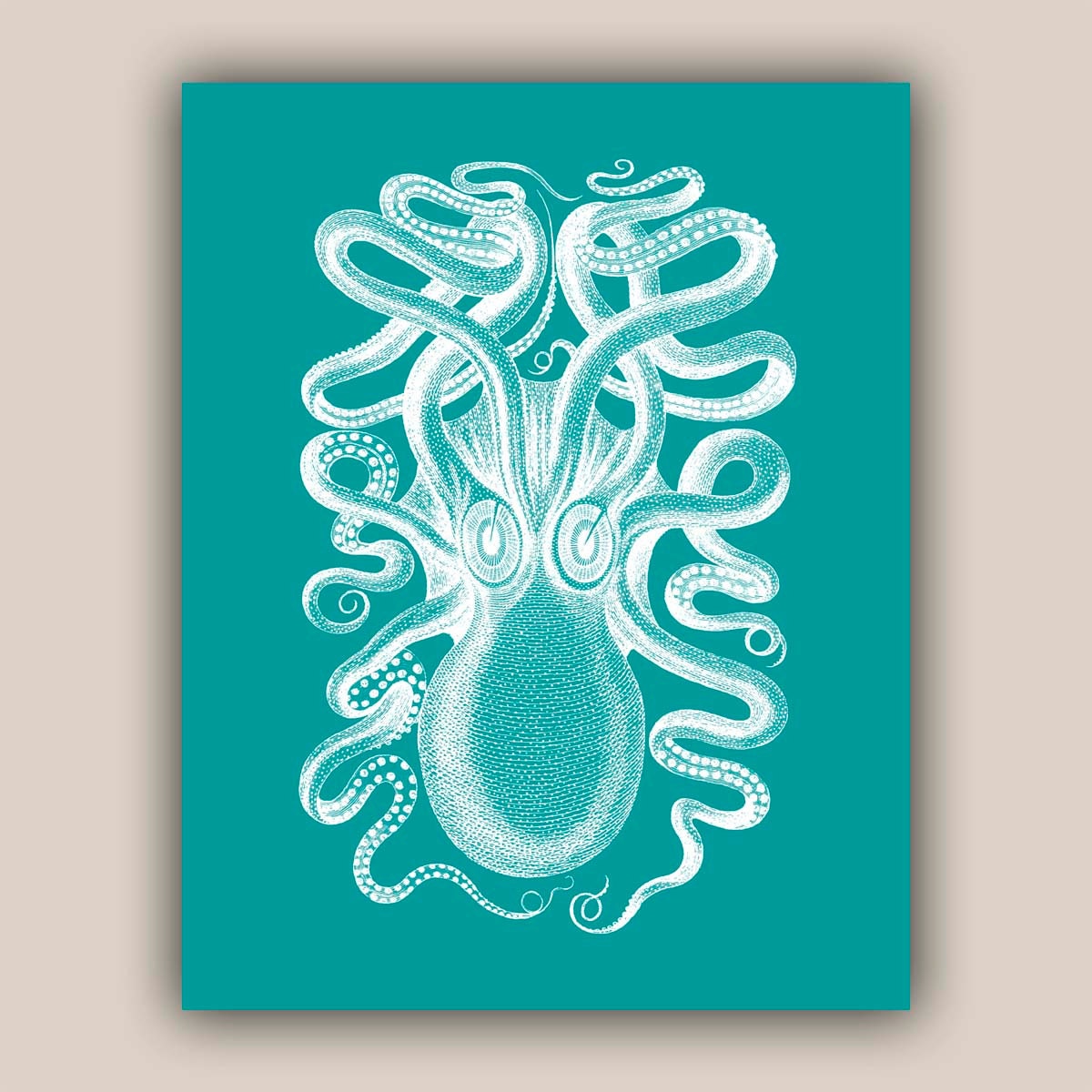 Octopus Print, 11X14 in green turquoise, Vintage octopus image print, Marine Wall Decor, Nautical Print, Coastal Living, beach cottage decor