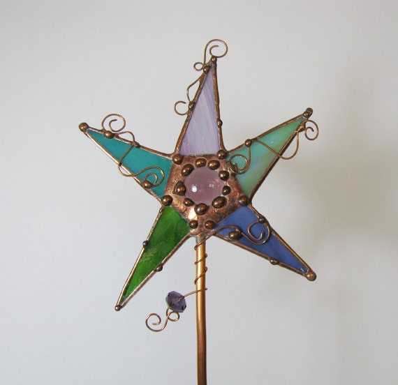 Mixed media home decor purple teal Stained Glass Folk art Funky Fun Garden Art STake