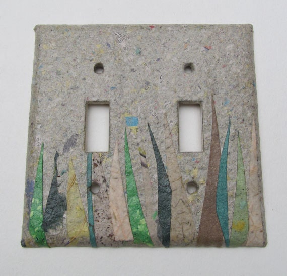 Decorative Double Grass Wall Decor Light Switch Plates, upcycled with handmade paper from reclaimed materials with Newspaper backround