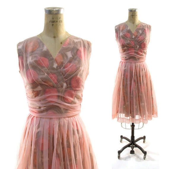 50s Chiffon Cocktail Dress with Printed Cotton Lining / Handmade