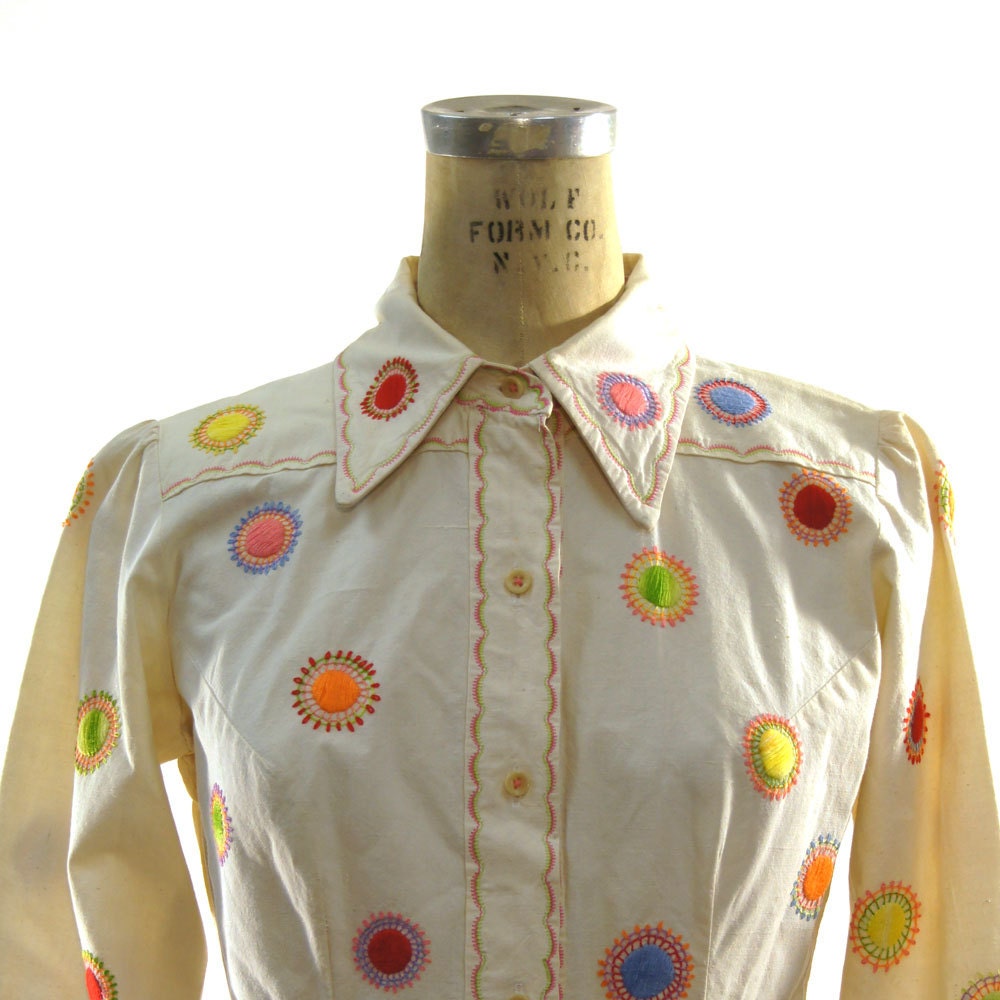 70s Embroidered Suns Ethnic / Hippie / Cotton Button Up Shirt / Handmade Vintage