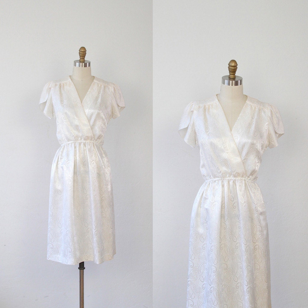 White Cocktail Dress Silky Petal Sleeve - L
