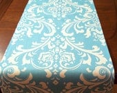 Table Runner in Aqua Blue and White Damask 13X72