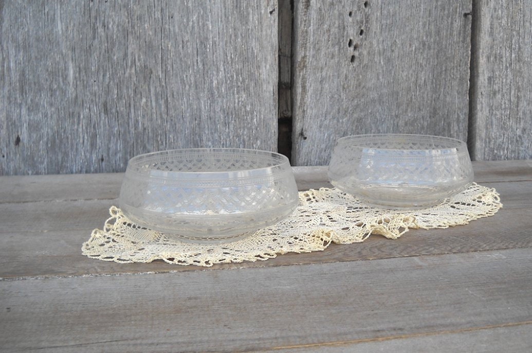 Antique Crystal Bowls - Needle Etched - Elegant Glass - Set 2 - Early 1900s