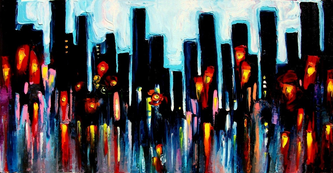 Abstract painting impasto oil landscape art by Aja huge 24x48 inches - Faces of the City 151