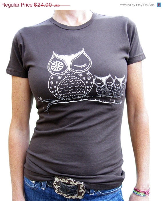 ON SALE Owl Women'sTee Shirt-Hand Screen Printed-Soft Cotton--Espresso Brown